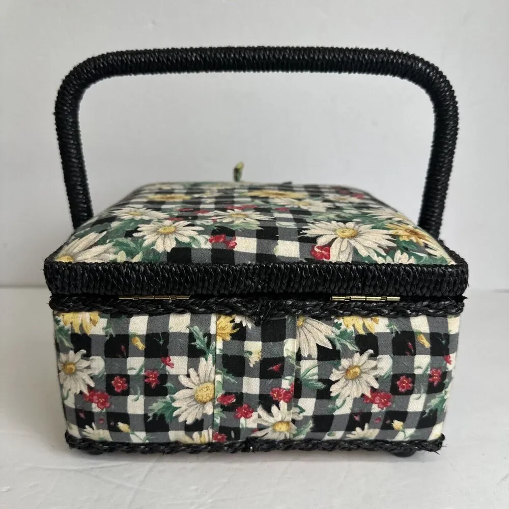 Sewing Box Basket Vintage Square‎ Floral Design Padded w/ Handle